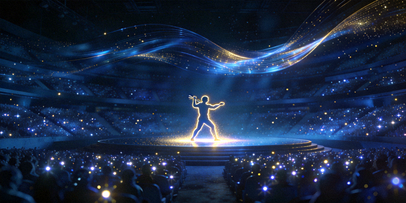 星光舞台才艺表演概念图 - 一个虚拟舞台，中央有发光的人形轮廓表演，观众席是闪烁的星光